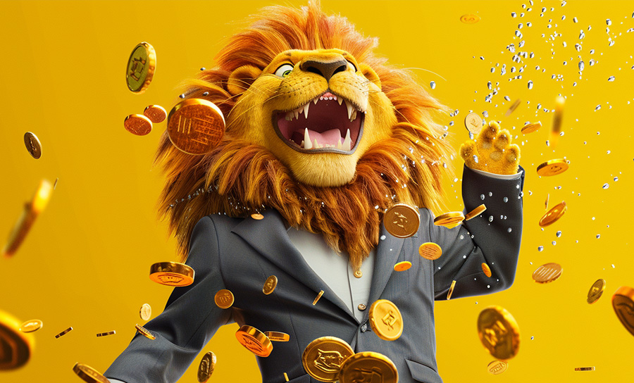 Illustration of investing in rental properties in the UK, depicting a lion in a suit with coins falling from its mouth to symbolize wealth and investment potential.